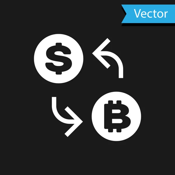 Белый значок криптовалюты изолирован на черном фоне. Значок обмена биткойна на доллар. Технология криптовалют, мобильный банкинг. Векторная миграция — стоковый вектор