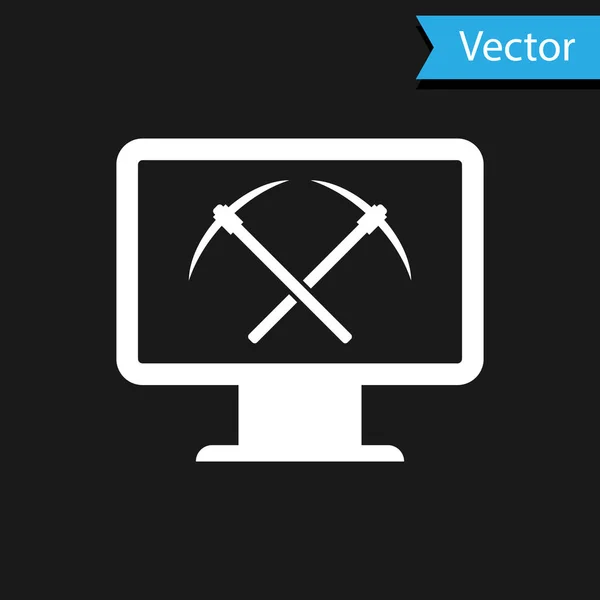 Fehér Bányászat koncepció monitor és csákány ikon elszigetelt fekete háttérrel. Blokkolási technológia, kriptovaluta bányászat, digitális pénzpiac. Vektorillusztráció — Stock Vector