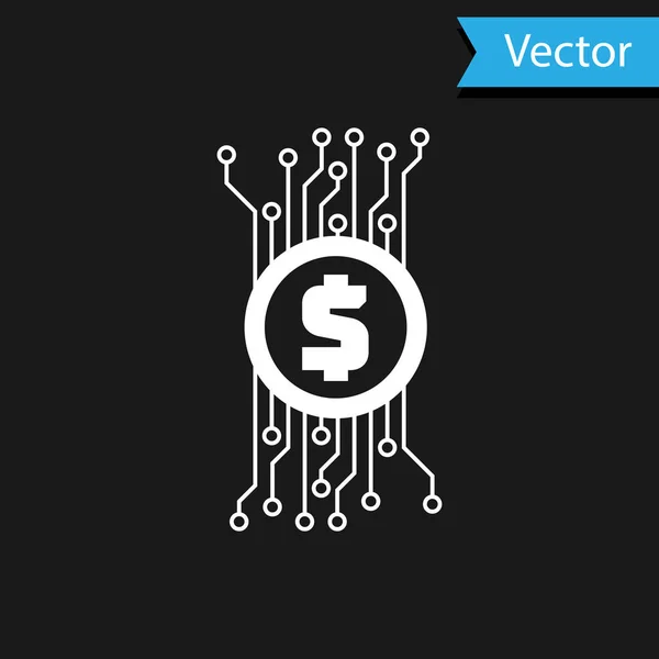 Белая криптовалюта концепция биткойна в круге с иконкой микрочипа изолированы на черном фоне. Технология блокчейн, рынок цифровых денег. Векторная миграция — стоковый вектор