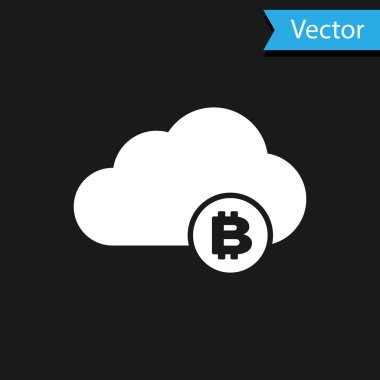 Beyaz Cryptocurrency bulut madenciliği simgesi siyah arka planda yalıtılmış. Blockchain teknolojisi, bitcoin, dijital para piyasası, kripto para cüzdanı. Vektör İllüstrasyonu