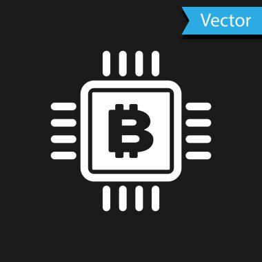 Siyah arka planda beyaz Cpu madencilik ikonu var. Mikroçipin içinde bitcoin işareti var. Kripto para madenciliği topluluğu. Dijital para. Vektör İllüstrasyonu