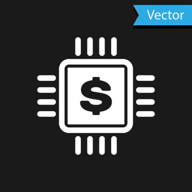 Siyah arka planda dolar simgesi olan beyaz işlemci çipi. İşlemci ve bir dolar işareti. Vektör İllüstrasyonu
