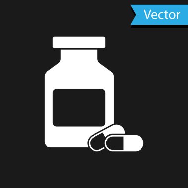 Beyaz Tıp şişe ve hap simgesi siyah arka plan üzerinde izole. Şişe hapı işareti. Eczane tasarımı. Vektör İllüstrasyonu