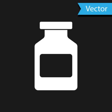 Siyah arka planda beyaz ilaç şişesi simgesi var. Şişe hapı işareti. Eczane tasarımı. Vektör İllüstrasyonu