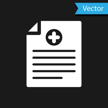 Siyah arka plan üzerinde izole klinik kayıt simgesi ile Beyaz Tıbbi pano. Sağlık sigortası formu. Reçete, tıbbi kontrol izleri raporu. Vektör İllüstrasyonu