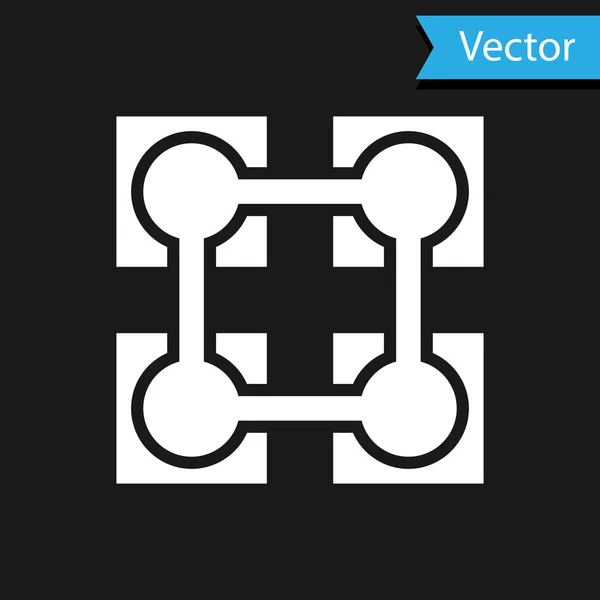 Icono de tecnología Blockchain blanco aislado sobre fondo negro. Signo de datos criptomoneda. Negocio abstracto de tecnología de red de cadena de bloques geométricos. Ilustración vectorial — Vector de stock