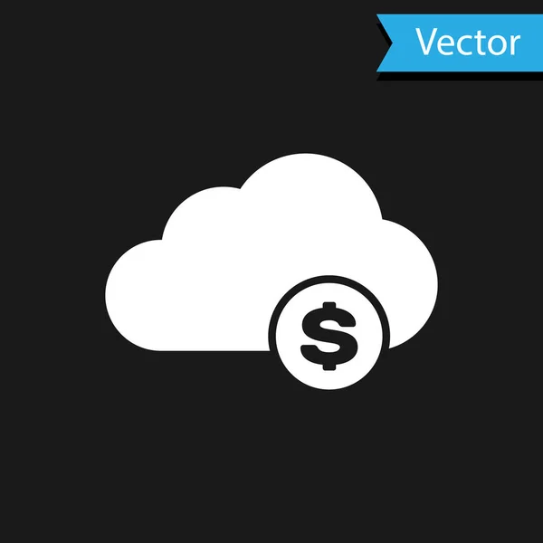 Icono de minería de nubes de criptomoneda blanca aislado sobre fondo negro. Tecnología de cadena de bloques, bitcoin, mercado de dinero digital, billetera criptomoneda. Ilustración vectorial — Vector de stock