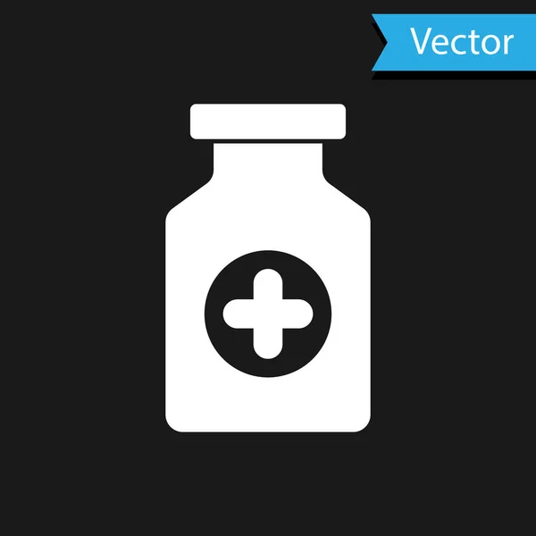 Ícone de garrafa de medicina branca isolado no fundo preto. Sinal de pílula de garrafa. Design de farmácia. Ilustração vetorial — Vetor de Stock