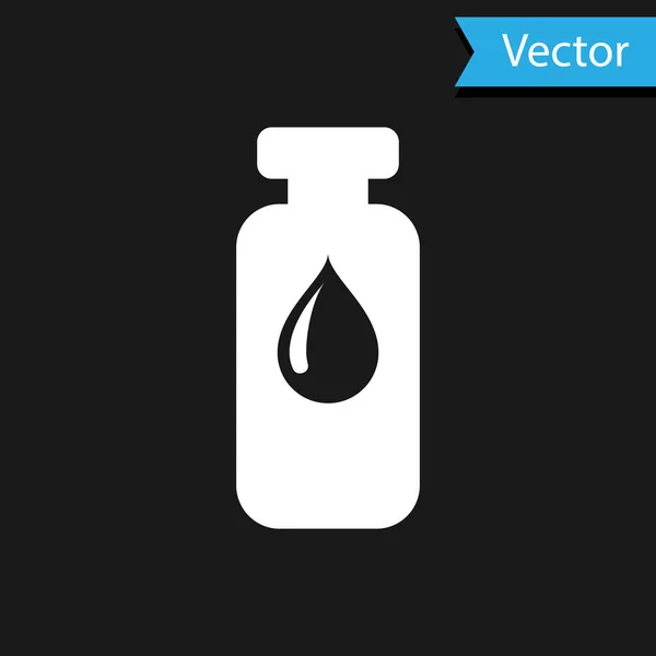 Vial médico blanco, ampolla, icono de la botella aislado sobre fondo negro. Vacunación, inyección, concepto de atención de la vacuna. Ilustración vectorial — Vector de stock