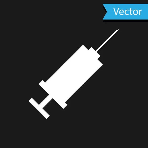 Icône de seringue blanche isolée sur fond noir. Seringue pour vaccin, vaccination, injection, vaccin antigrippal. Matériel médical. Illustration vectorielle — Image vectorielle