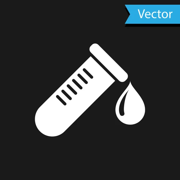 Biała probówka lub kolba z kroplą ikony krwi wyizolowanej na czarnym tle. Znak laboratoryjny, chemiczny, szkło naukowe. Ilustracja wektora — Wektor stockowy