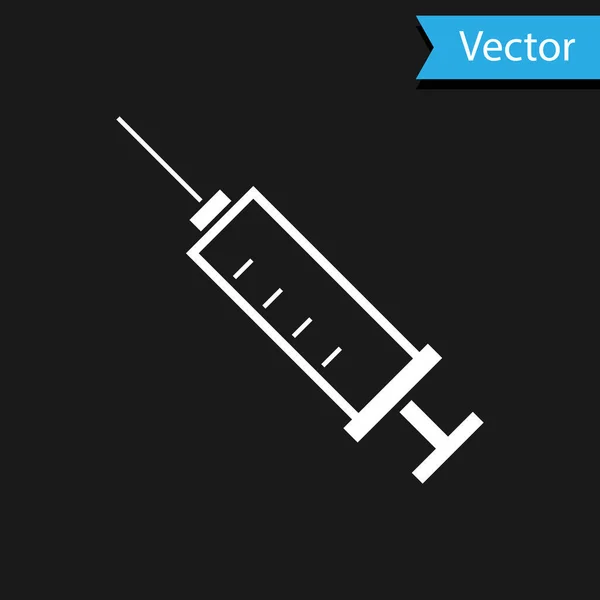 Weiße Spritze Symbol isoliert auf schwarzem Hintergrund. Spritze für Impfung, Impfung, Injektion, Grippeimpfung. Medizinische Geräte. Vektorillustration — Stockvektor