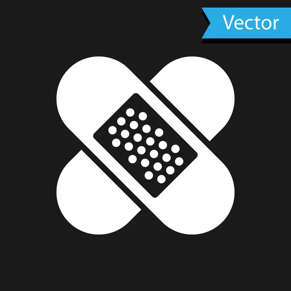 White Crossed bandage plaster icon isolated on black background. Medical plaster, adhesive bandage, flexible fabric bandage. Vector Illustration — Stock Vector