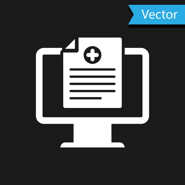 Registro clínico médico branco no ícone do monitor isolado em fundo preto. Formulário de seguro de saúde. Prescrição, relatório de marcas médicas. Ilustração vetorial — Vetor de Stock