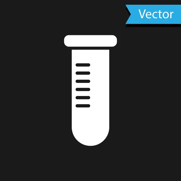 Tubo de ensayo blanco o frasco - icono de prueba de laboratorio químico aislado sobre fondo negro. Laboratorio, signo de cristalería científica. Ilustración vectorial — Vector de stock