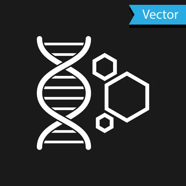 White Genetic engineering icon isolated on black background. DNA analysis, genetics testing, cloning, paternity testing. Vector Illustration — Stock Vector