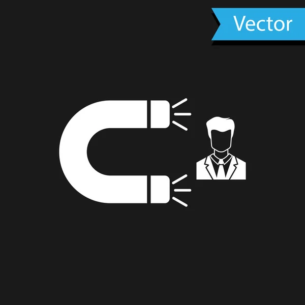 Weißer Kunde, der Icon auf schwarzem Hintergrund anzieht. Kundenbindung, Support und Service. Kundenmann lockt mit Magnet. Vektorillustration — Stockvektor