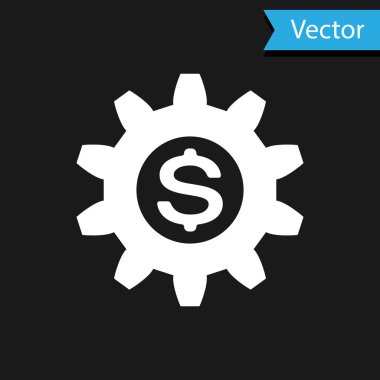 Siyah arkaplanda dolar sembolü olan beyaz dişli. İş ve finans kavramsal ikonu. Vektör İllüstrasyonu