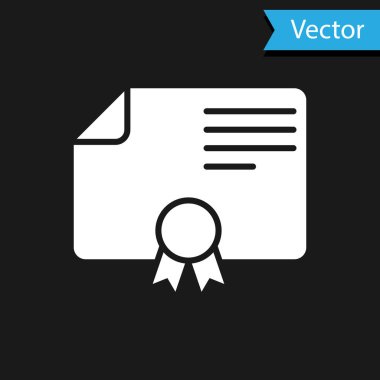Beyaz Sertifika şablon simgesi siyah arkaplanda izole edildi. Derece simgesi. Başarı, ödül, burs, diploma kavramları. İş başarısı sertifikası Vektör İllüstrasyonu