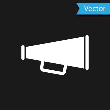 Siyah arkaplanda beyaz megafon simgesi izole edildi. Vektör İllüstrasyonu