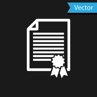 Beyaz Sertifika şablon simgesi siyah arkaplanda izole edildi. Derece simgesi. Başarı, ödül, burs, diploma kavramları. İş başarısı sertifikası Vektör İllüstrasyonu