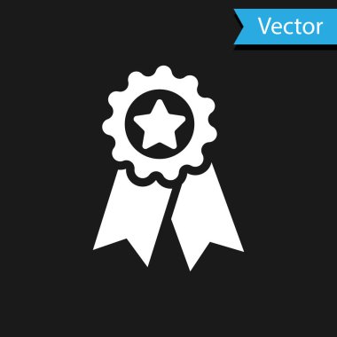 Siyah arkaplanda yıldız simgesi olan beyaz madalya. Kazanan başarı işareti. Ödül madalyası. Vektör İllüstrasyonu