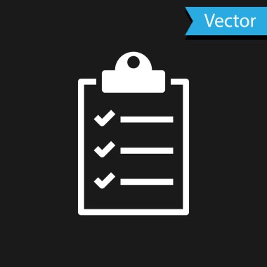 Siyah arkaplanda kontrol listesi simgesi olan beyaz pano. Vektör İllüstrasyonu