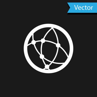 Beyaz Küresel teknoloji ya da sosyal ağ simgesi siyah arkaplanda izole edildi. Vektör İllüstrasyonu