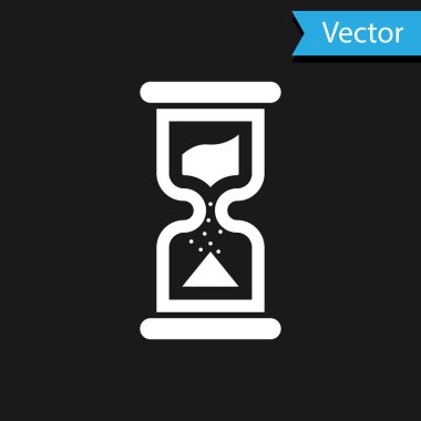 Siyah zemin üzerinde akan kum ikonu olan eski beyaz kum saati. Kum saati işareti. İş ve zaman yönetimi kavramı. Vektör İllüstrasyonu