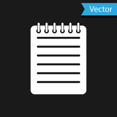 Siyah arkaplanda beyaz defter simgesi izole edildi. Spiral not defteri simgesi. Okul defteri. Yazı tahtası. İş günlüğü. Not defteri kapağı tasarımı. Ofis eşyaları. Vektör İllüstrasyonu