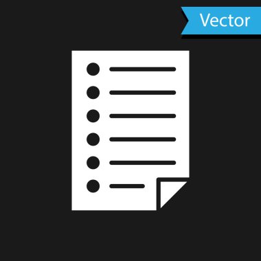 Siyah arka planda yalıtılmış Beyaz Belge simgesi. Dosya simgesi. Denetim listesi simgesi. İş konsepti. Vektör İllüstrasyonu