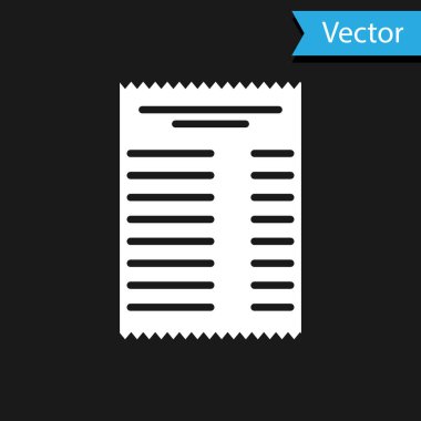 Beyaz Kağıt denetimi ve mali kontrol simgesi siyah arka plan üzerinde yalıtılmış. Kağıt baskı çeki, mağaza makbuzu veya fatura. Vektör İllüstrasyonu