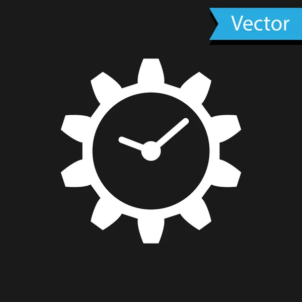 Ícone de gerenciamento de tempo branco isolado no fundo preto. Relógio e sinal de marcha. Ilustração vetorial — Vetor de Stock