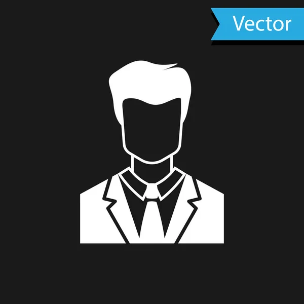 Weißer Benutzer eines Mannes im Business-Anzug-Symbol isoliert auf schwarzem Hintergrund. Business-Avatar-Symbol - Benutzerprofil-Symbol. männliches Benutzerzeichen. Vektorillustration — Stockvektor