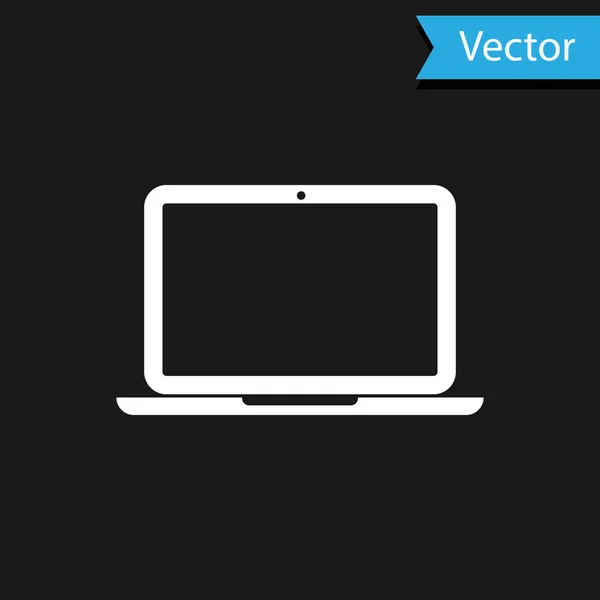 Icono del portátil blanco aislado sobre fondo negro. Computadora portátil con pantalla vacía. Ilustración vectorial — Vector de stock