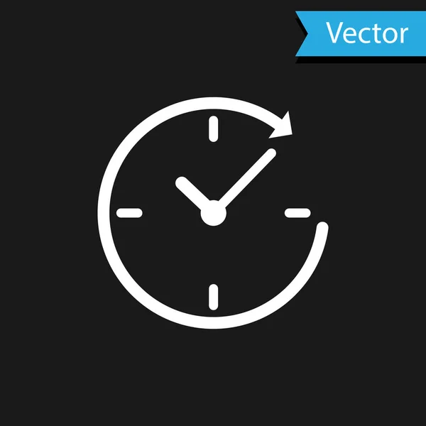 Relógio Branco com ícone de seta isolado no fundo preto. Símbolo temporal. Seta de ícone de rotação no sentido horário e tempo. Ilustração vetorial — Vetor de Stock