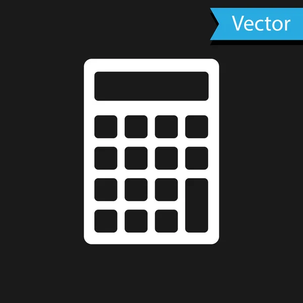 Icono de la calculadora blanca aislado sobre fondo negro. Símbolo contable. Cálculos de negocio matemáticas educación y finanzas. Ilustración vectorial — Vector de stock