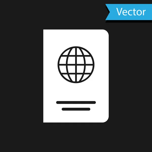 Pasaporte blanco con icono de datos biométricos aislado sobre fondo negro. Documento de identificación. Ilustración vectorial — Vector de stock
