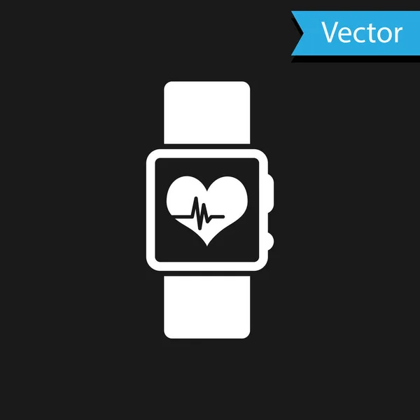 Weiße Smartwatch mit Herzfrequenzsymbol isoliert auf schwarzem Hintergrund. Fitness App-Konzept. Vektorillustration — Stockvektor