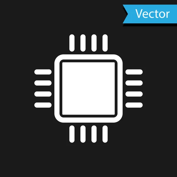 Procesador de computadora blanca con icono de la CPU de microcircuitos aislado sobre fondo negro. Chip o cpu con señal de placa de circuito. Micro procesador. Ilustración vectorial — Archivo Imágenes Vectoriales
