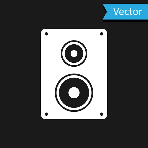 Ícone de alto-falante estéreo branco isolado no fundo preto. Alto-falantes do sistema de som. Ícone musical. Coluna musical equipamento de graves alto-falante. Ilustração vetorial — Vetor de Stock