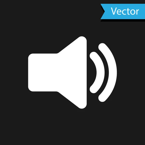 Λευκό εικονίδιο έντασης ηχείου - ηχητικό σύμβολο ήχου φωνής, εικονίδιο μουσικής πολυμέσων που απομονώνεται σε μαύρο φόντο. Εικονογράφηση διανύσματος — Διανυσματικό Αρχείο