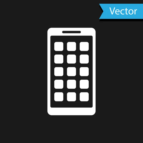 Icono de aplicaciones móviles blancas aisladas sobre fondo negro. Smartphone con iconos de pantalla, aplicaciones. teléfono móvil mostrando la pantalla. Ilustración vectorial — Vector de stock