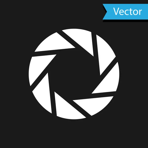 Icono del obturador de la cámara blanca aislado sobre fondo negro. Ilustración vectorial — Vector de stock
