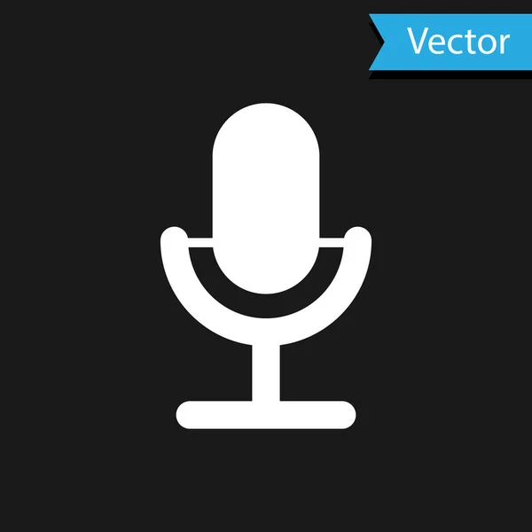 Icono del micrófono blanco aislado sobre fondo negro. En el micrófono de radio de aire. Firma del portavoz. Ilustración vectorial — Vector de stock