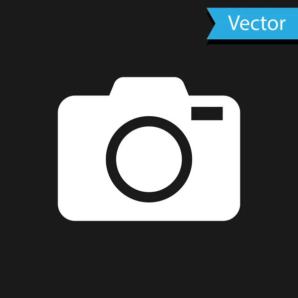 Icono de cámara fotográfica blanca aislado sobre fondo negro. Icono de cámara fotográfica. Ilustración vectorial — Vector de stock