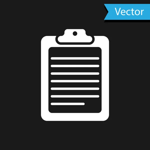 Portapapeles blanco con icono de documento aislado sobre fondo negro. Ilustración vectorial — Vector de stock