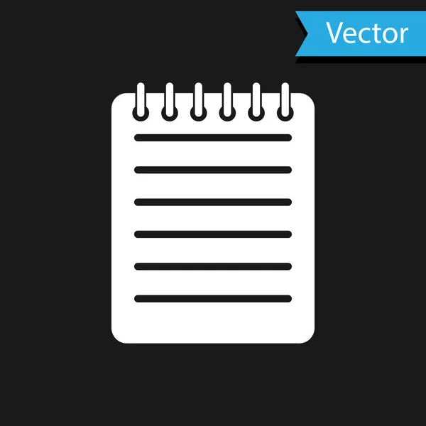 黒の背景に隔離されたホワイトノートブックアイコン。スパイラルノートパッドのアイコン。学校のノートだパッドを書く。ビジネス用の日記。ノートカバーデザイン。事務所文房具。ベクターイラスト — ストックベクタ