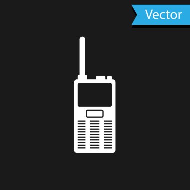 Beyaz telsiz konuşma simgesi siyah arkaplanda izole edildi. Taşınabilir radyo vericisi simgesi. Radyo alıcı-vericisi işareti. Vektör İllüstrasyonu