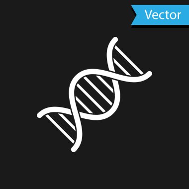 Beyaz DNA sembolü simgesi siyah arkaplanda izole edildi. Vektör İllüstrasyonu